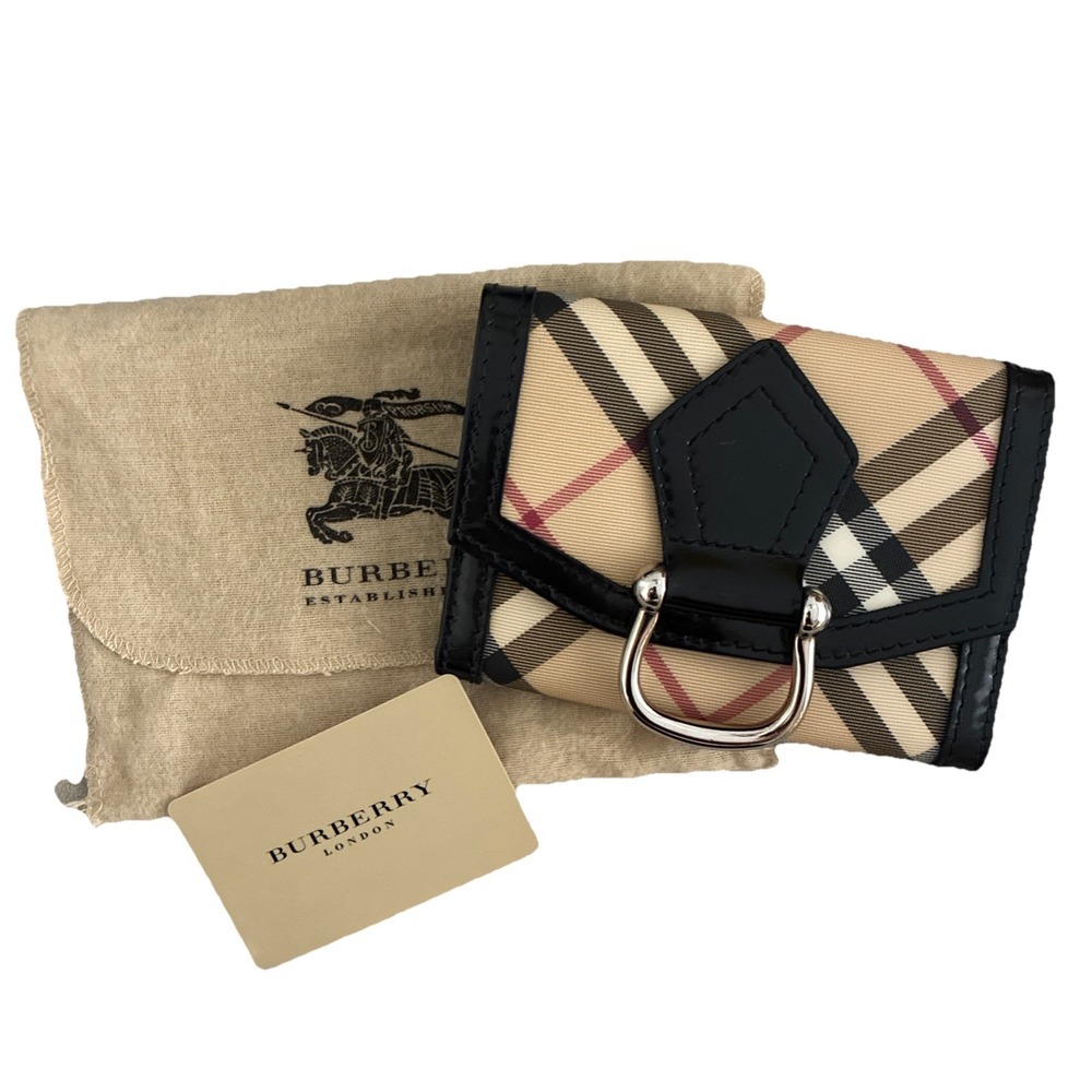 Burberry Wallet Women's Nova Check Patent Leather Trim Trifold Buckle Italy NEW